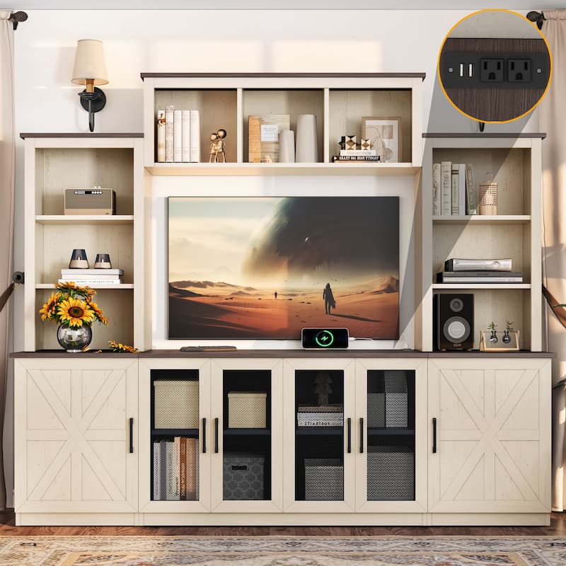 87.6" Wall Unit Entertainment Center Wood TV Stand with USB Charging, Media Console with Cabinets, Large Storage TV Cabinet - Beige
