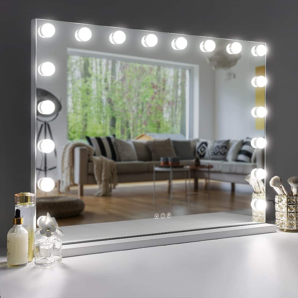 31.5"x 22.8"USB Charging Lighted Makeup Mirror with 18 LED Dimmable Bulbs,3 Color Lights Cosmetic Mirror for Tabletop and Wall