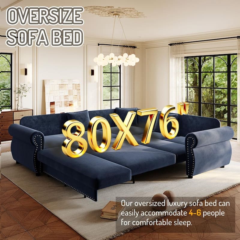 88.2" L-Shaped Sleeper Sectional Sofa with Pull-Out Bed - Chenille Convertible Couch, Nailhead Trim, for Living Room