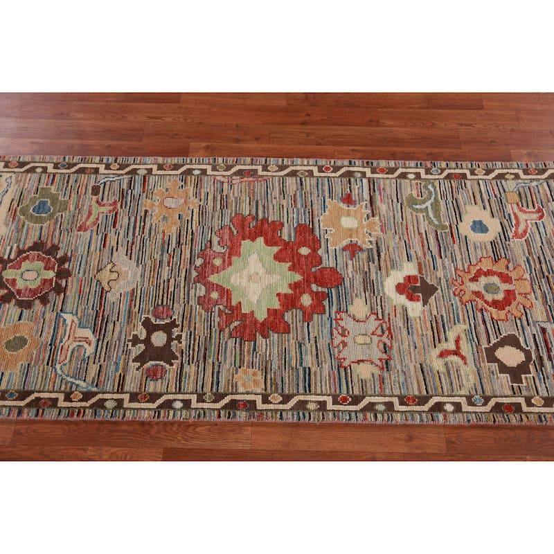 Hand Knotted Oriental 100% Wool Carpet Transitional Floral Multi-Colored Oushak Runner Rug - 19' 11'' X 2' 7''