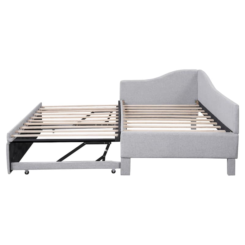 L-Shaped Daybed Twin To King Upholstered Daybed with Pop Up Trundle Linen & Wood Bed Frame for for Youth Teens or Adults
