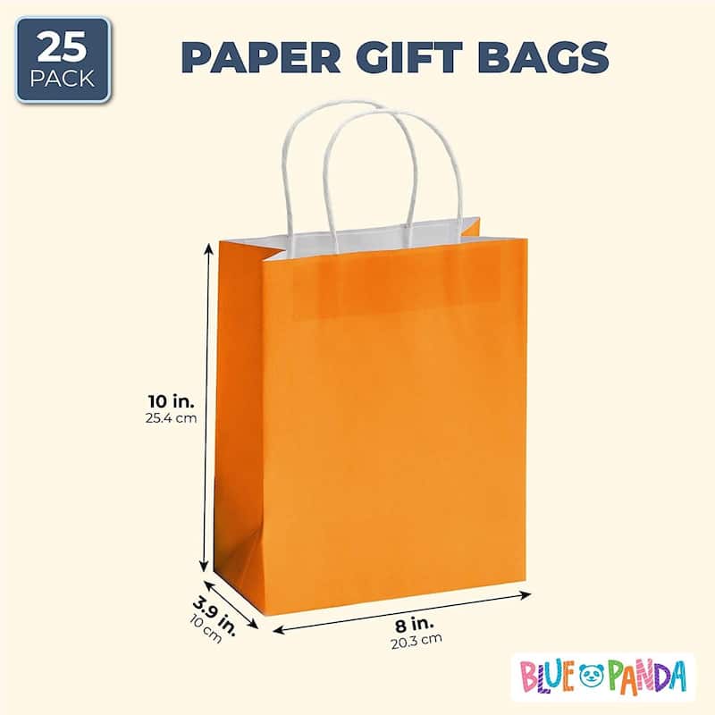 Blue Panda 25-Pack Orange Gift Bags with Handles - Medium Size Paper Bags (8x3.9x10 In)