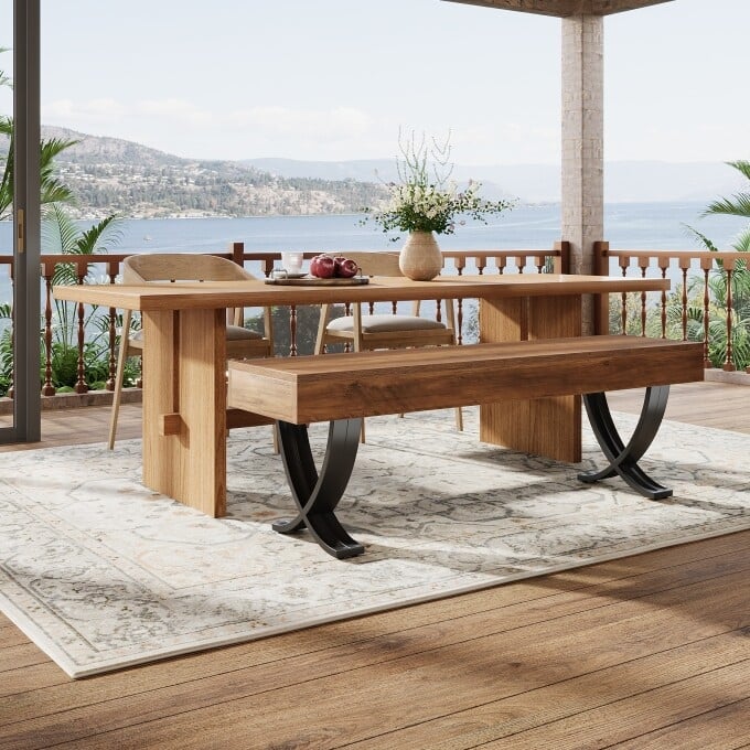 Wooden Dining Bench Metal Legs, 55-Inch Rustic Kitchen Bench