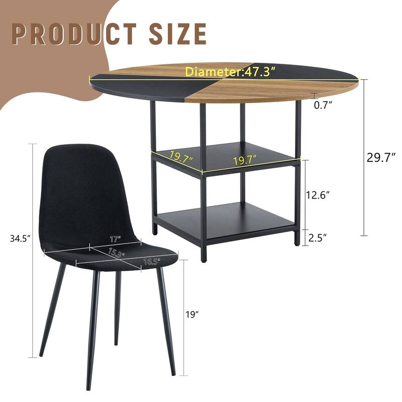 5-Piece Round Dining Table with Double Layer Storage, Wood and Black Fan Panels, Ergonomic Fabric Chairs, Anti-Slip Feet