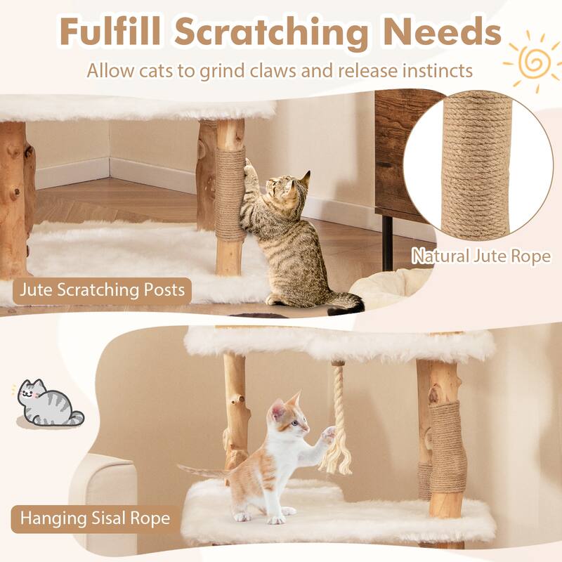 60" Tall Solid Wood Cat Tree Modern Wooden Cat Tower with 2 Perches and 2 Large Platforms - 27" x 27" x 60"