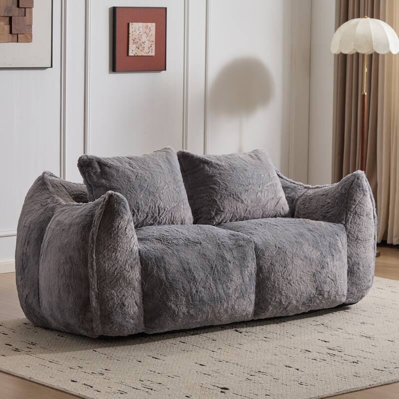 Fabric Upholstered Oversized Chase Lounge Loveseat Bean Bag Lazy Sofa with 2 Pillows
