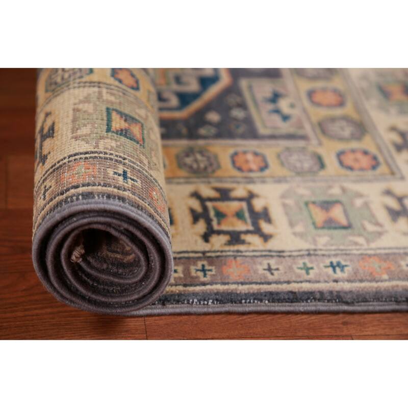 Geometric Kazak Foyer Rug Hand-Knotted Grey Wool Carpet - 2'9"x 3'10"