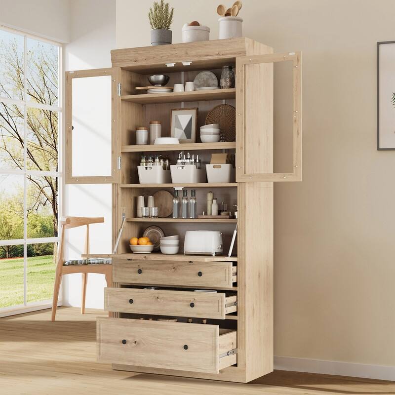 Freestanding 78" Tall Kitchen Pantry Storage Cabinet with Drop-Down Surface and Adjustable Shelves,Power Outlet for Organization