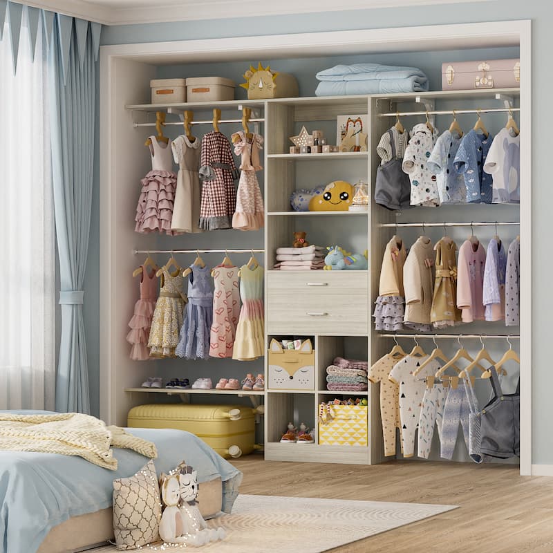 Closet System with Wooden Drawers & Cube Storage Organizer, 4.75-8FT Clothes Organizer Nursery & Walk-In Closets