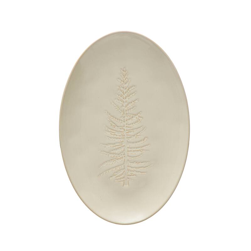 Debossed Stoneware Platter with Tree Design - White - 1 Piece