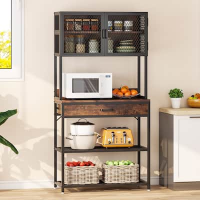 5-Tier Bakers Rack with Hutch and Drawer,Freestanding Kitchen Shelf Stand with Cabinet,Microwave Stand with Storage Shelf