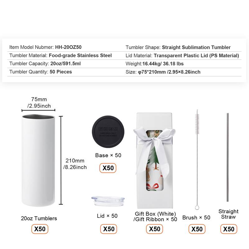 Sublimation Tumblers, Skinny Straight Stainless Steel Blanks Cups with Lid and Straw, Gift Box