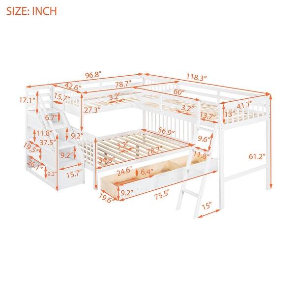 dimension image slide 1 of 3, L-Shaped Twin over Full Bunk Bed With 3 Drawers,Ladder and Staircase
