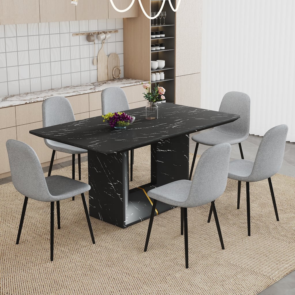 Roomfitters 7pcs Black Marble MDF Dining Table Set with Linen Cotton Chairs and Seamless Seat Design, Gray
