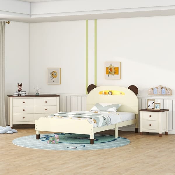 slide 2 of 17, 3-Pieces Bedroom Sets Twin Size Kids Platform Bed with Nightstand & Storage Dresser, Motion Activated Night Lights, Cream Cream - Twin