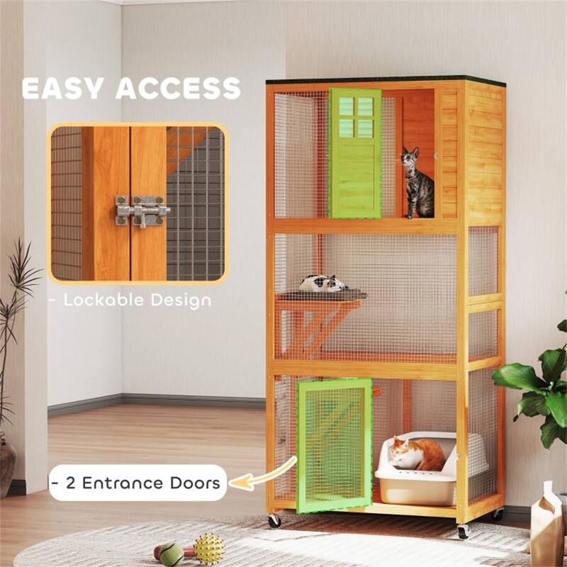 Fir Wood Steel Cat Cage with Wheels and Multi-Levels