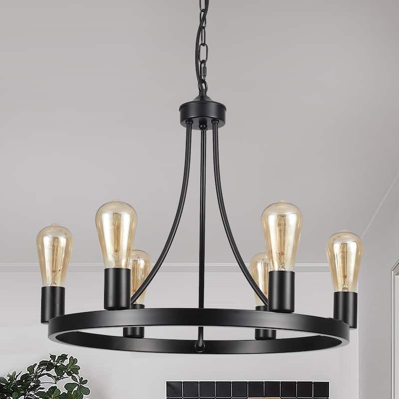 6-Light Farmhouse Metal Round Wagon Wheel Chandelier for Dining Room Living Room Bedroom Kitchen - 19.68'' D x 16.14'' H