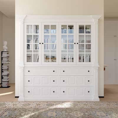 White Glass Door China Cabinet with Drawers, Large Buffet Hutch Sideboard Storage Cabinet for Dining Room - 74.8"x74.8"