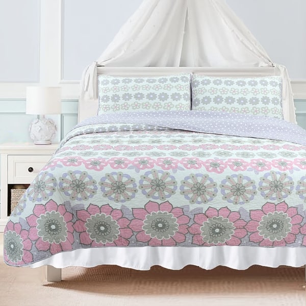 slide 2 of 11, Lola Floral Pink Grey Cotton Quilt Bedding Set