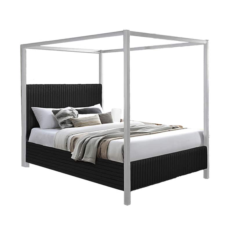 Keri King Size Canopy Bed, White Slatted Wood Frame, Black Upholstery