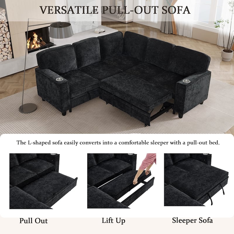81" Chenille L-Shaped Sofa Bed with USB, 5-Seater