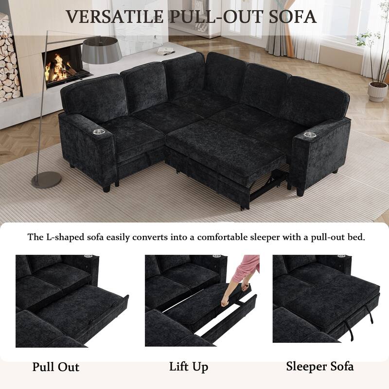 L-Shaped Sectional Sofa with Pull Out Sofa Bed, Convertible Sleeper Sofa Bed with Storage & USB Ports, Large Corner 5 Seat Sofa