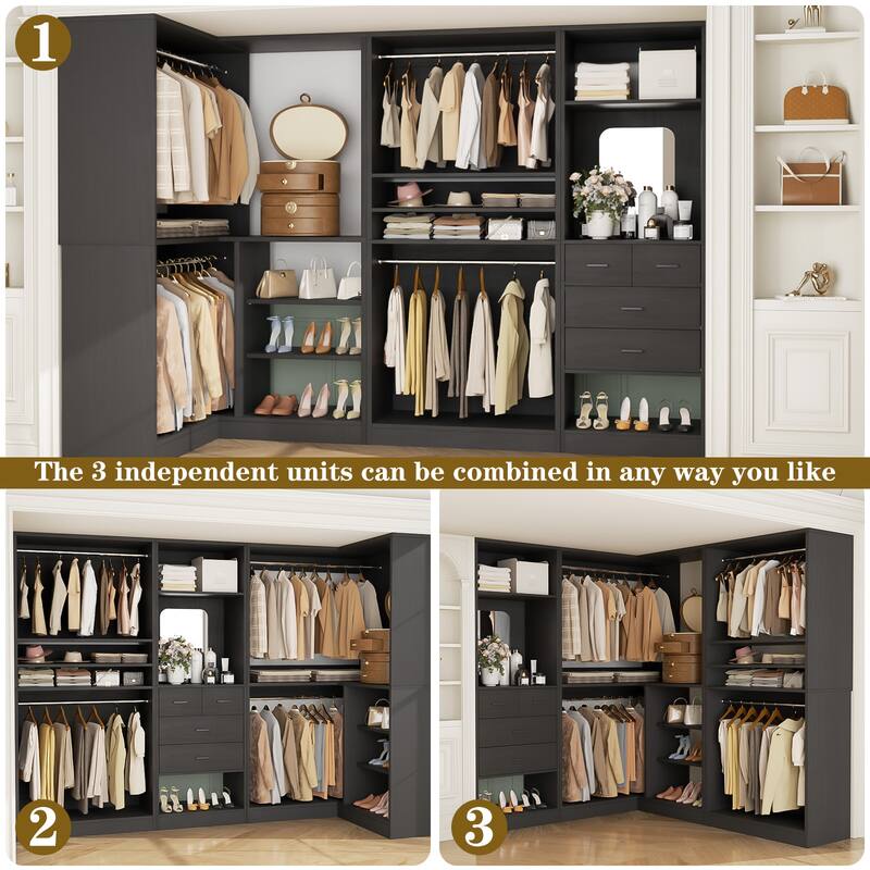 Cimly Set of 3 Corner Closet System with Hanging Rods, Space-saving Closet Organizer with Mirror