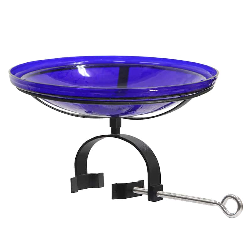 Achla Designs 14"Dia. Round Crackle Glass Birdbath w/Black Wrought Iron Over Rail Bracket - Blue