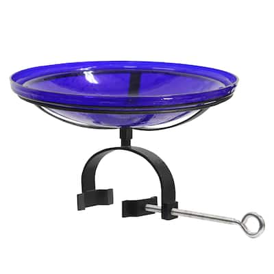 Achla Designs 14"Dia. Round Crackle Glass Birdbath w/Black Wrought Iron Over Rail Bracket