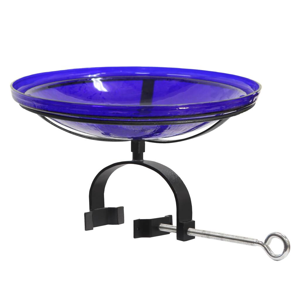 Achla Designs 14"Dia. Round Crackle Glass Birdbath w/Black Wrought Iron Over Rail Bracket