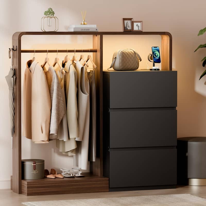 Dresser for Bedroom with Hanging Closet, 3 Drawers Dresser with LED Lights & Charging Station - Black&Brown