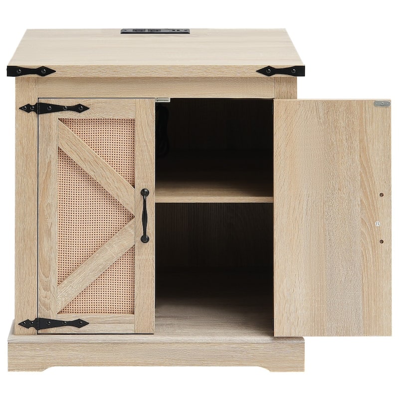 24-Inch 2-Tier Rectangle Rattan Side & Coffee Table with Double Doors and Built-in Outlets - 23.6 x 23.6 x 24.2 in