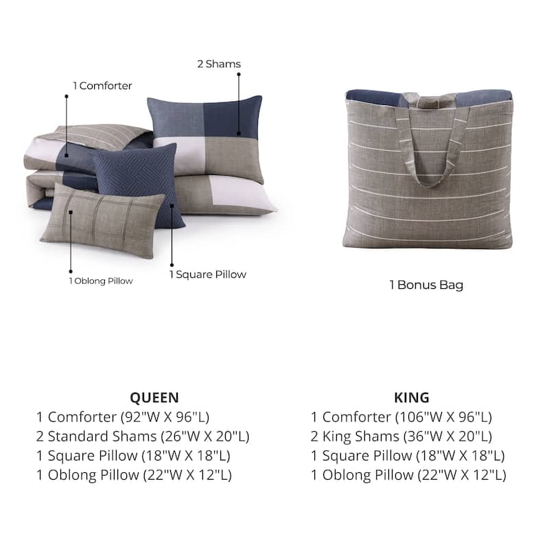 Bebejan Checkered Navy Tan 100% Cotton Sateen 5 Piece Reversible Comforter Set