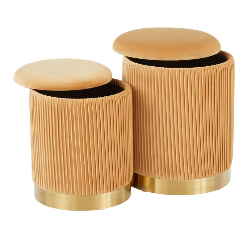 Marla Contemporary Nesting Pleated Ottoman Set in Gold Metal and Velvet by LumiSource - Orange