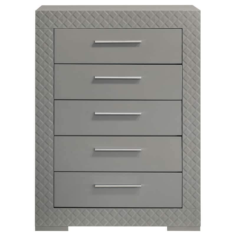 Ivon Tall Dresser Chest, 5 Drawers, Bar Handles, Gray Solid Hardwood