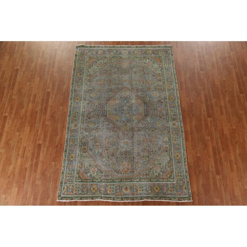 Hand Knotted Oriental 100% Wool Carpet Traditional Medallion Greys & Charcoal Tabriz Area Rug - 9' 9'' X 6' 5''