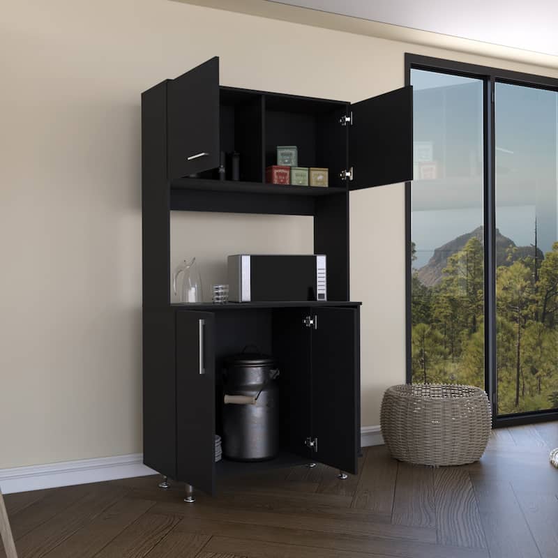 Pantry Kit, Four Legs, Double Door Cabinet, Three Shelves -Black