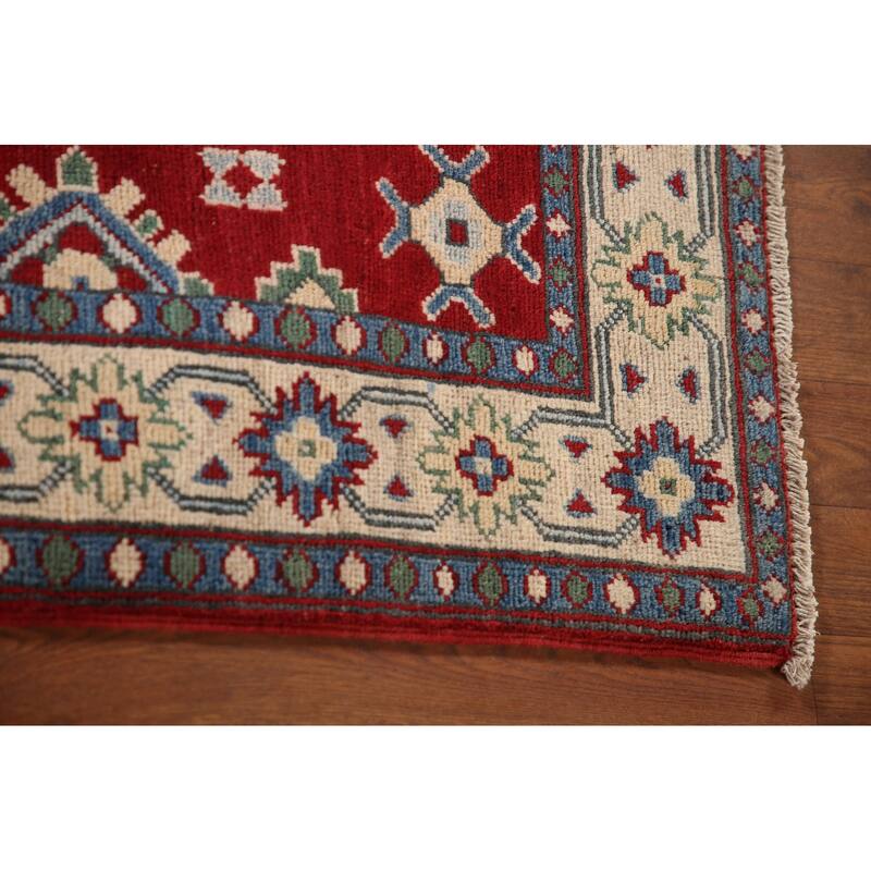 Geometric Red Kazak Oriental Accent Rug Handmade Wool Carpet - 3'3"x 4'6"