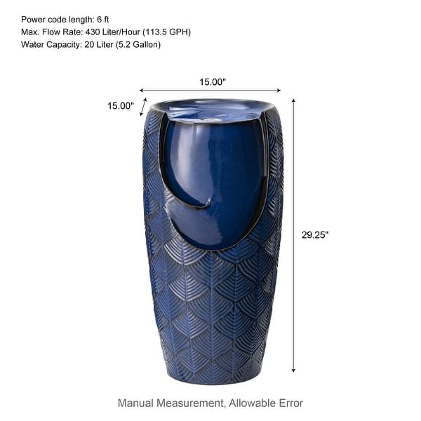 dimension image slide 5 of 7, Glitzhome Oversized LED Lighted Ceramic Pot Floor Fountains for Outdoor Garden