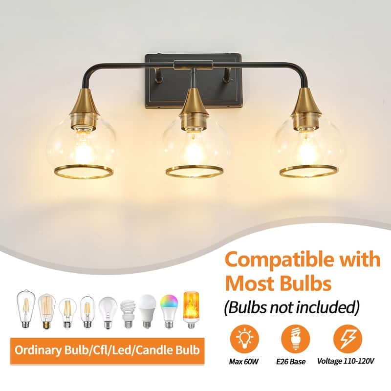 Modern Black and Gold Vanity Wall Sconce with Clear Glass Shades Industrial Bathroom Light Fixture (Bulb Not Included)