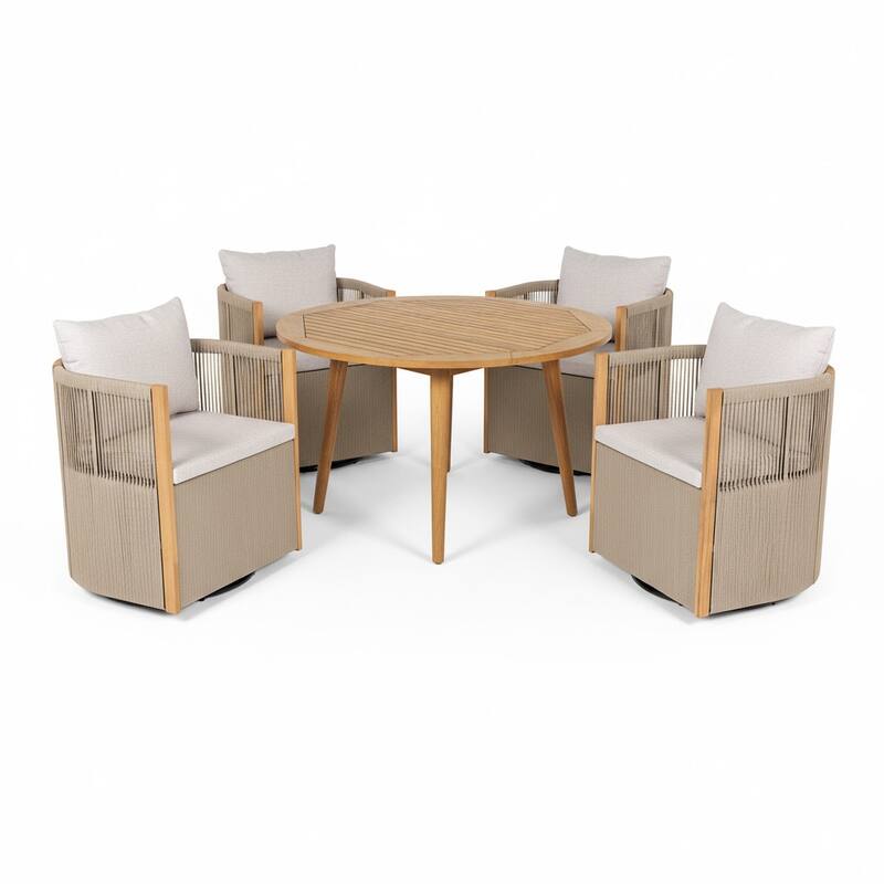 Christopher Knight Home - Nola 5-Piece Outdoor Acacia Wood Swivel Dining Set with Woven Rope Chairs & 47.25" Round Slat Table