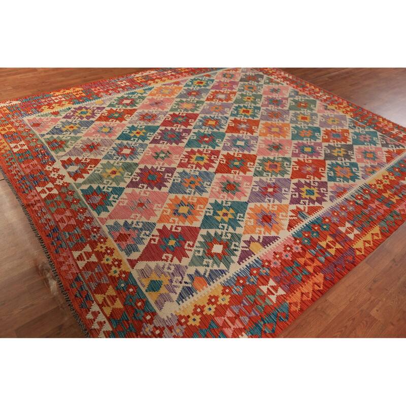 All-Over Geometric Kilim Oriental Area Rug Flatweave Wool Carpet - 8'7"x 9'4"