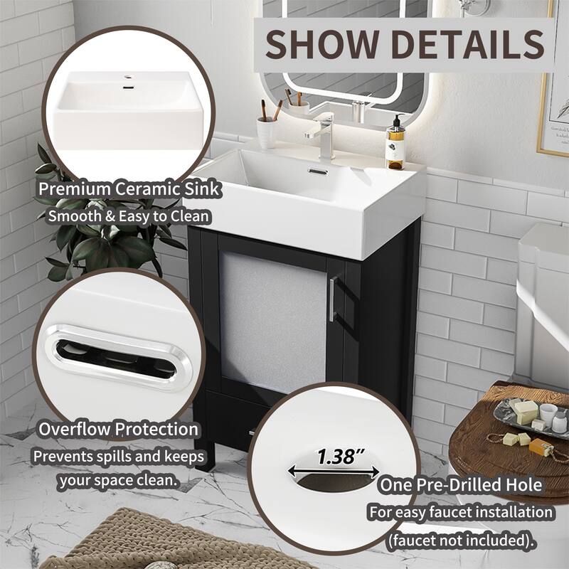 20" MDF Bathroom Vanity with Ceramic Integrated Basin, Solid Wood Legs