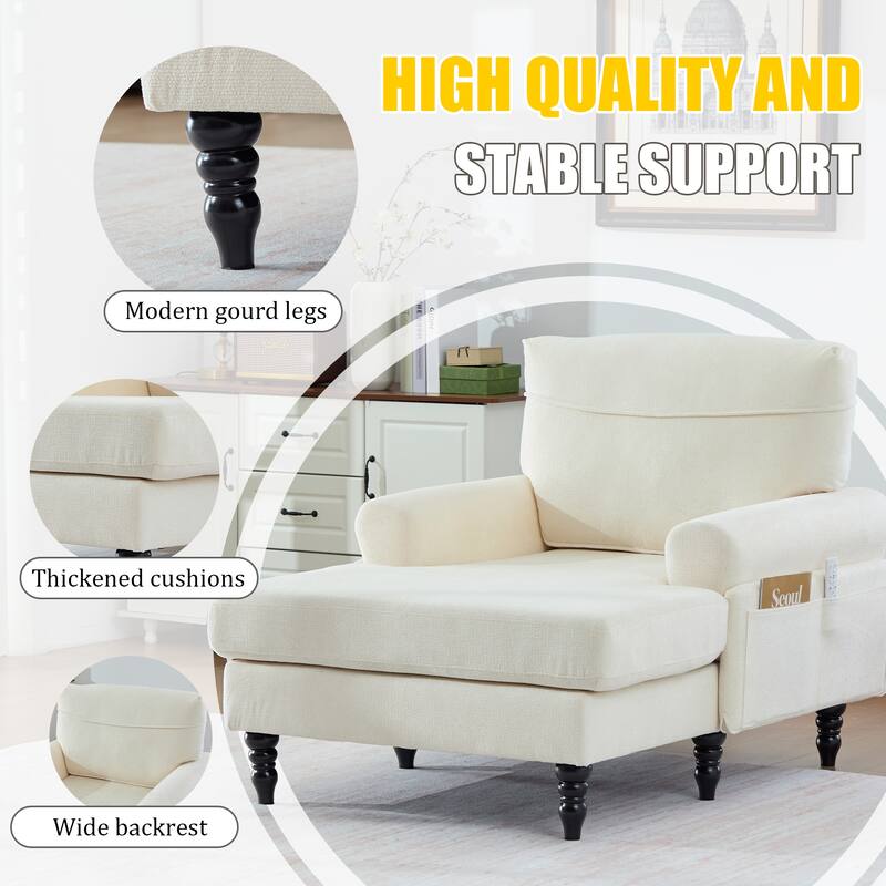 Modern Chaise Lounge Single Sofa Chair, Chenille Fabric Recliner Armchair with Side Pockets and Wooden Legs