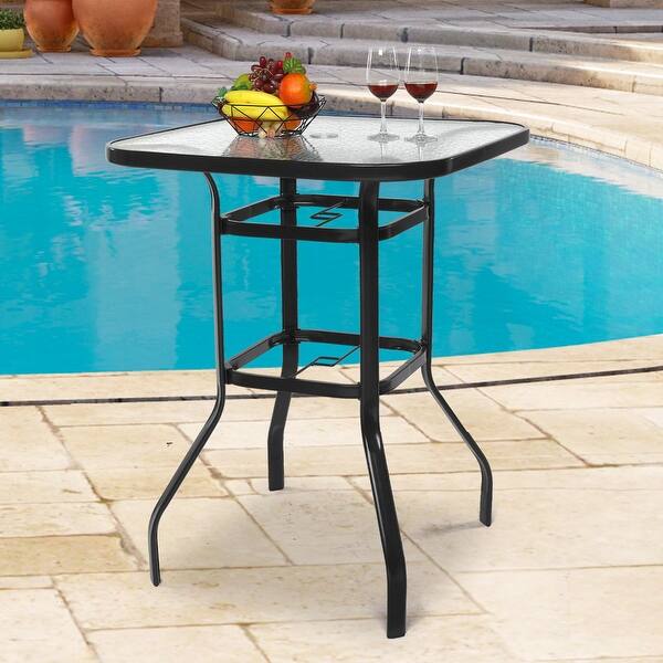 bar height patio table with umbrella hole tempered glass Giantex 4-Piece Outdoor Set, Round High Top Bar 2 Folding Counter Chairs & Umbrella, Bistro Table Set with Top for Garden Porch Poolside, Beige resistant and easy to clean.The bar table provides you with a comfortable and relaxing living environment Alpulon 32 in. Patio Metal