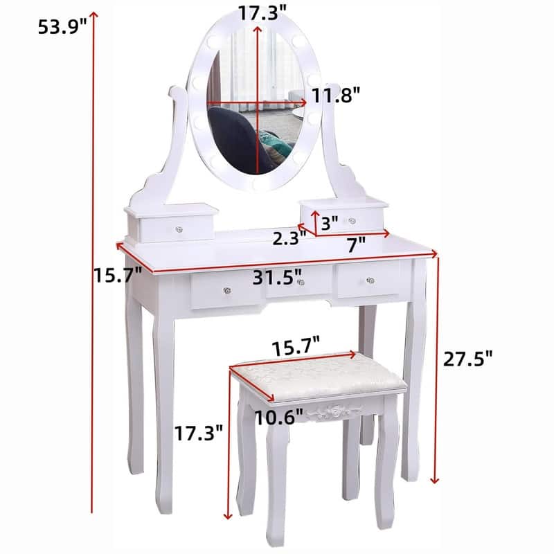 Space-Saving Makeup Vanity with LED Lights - 5 Drawer Desk and Stool