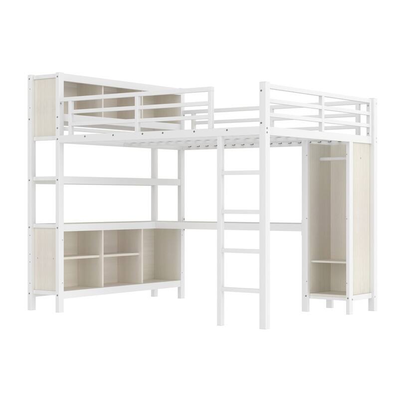 Queen Size Heavy Duty Metal Loft Bed with Wardrobe & L-shaped Desk, Multi-functional Storage Bed Frame with Cubes & Shelves