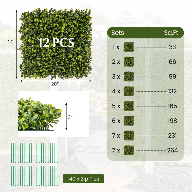 Gymax 12 PCS 20'' x 20'' Artificial Hedge Boxwood Panels w/ Decorative