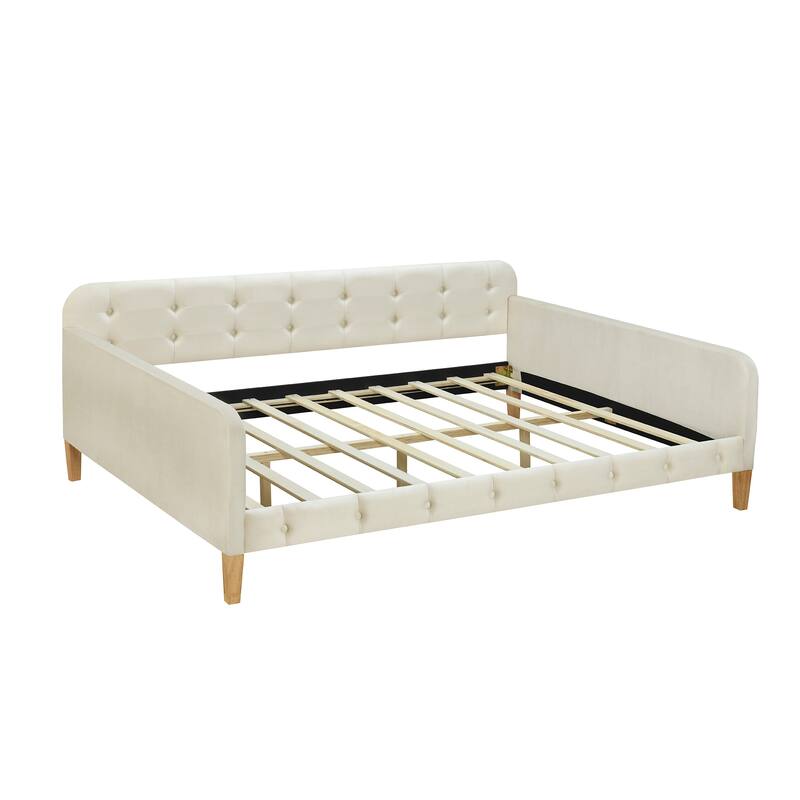 Full Size Velvet Upholstered Daybed Frame with Tufted Backrest & 4 Legs