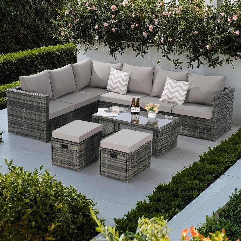 6-Piece Outdoor Patio Rattan Conversation Sectional Sofa Set with Tempered Glass Coffee Table - Light Gray